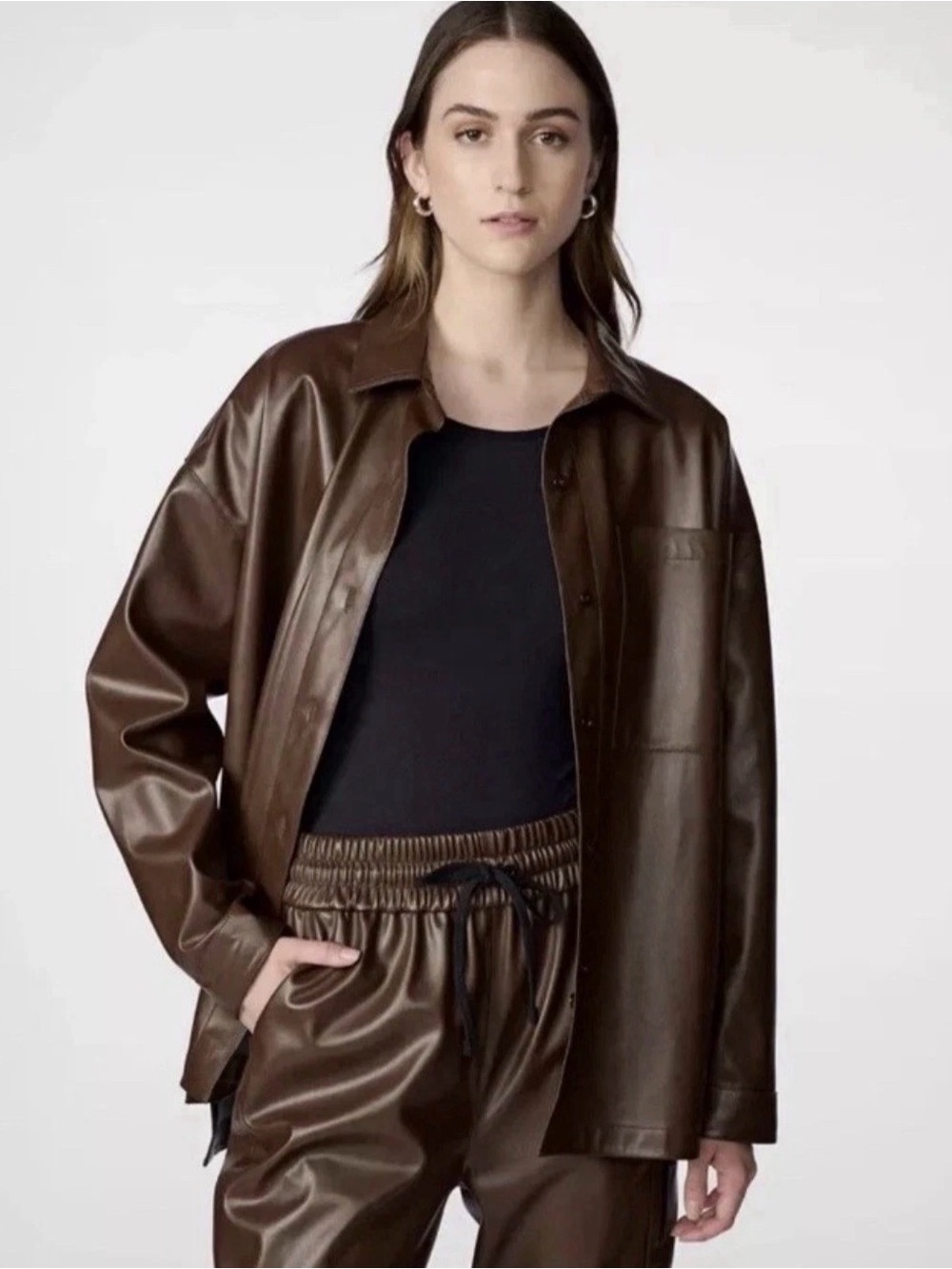 Womens Bagatelle Faux Leather Jacket Brown Collared Sz Large Long Winter Coat